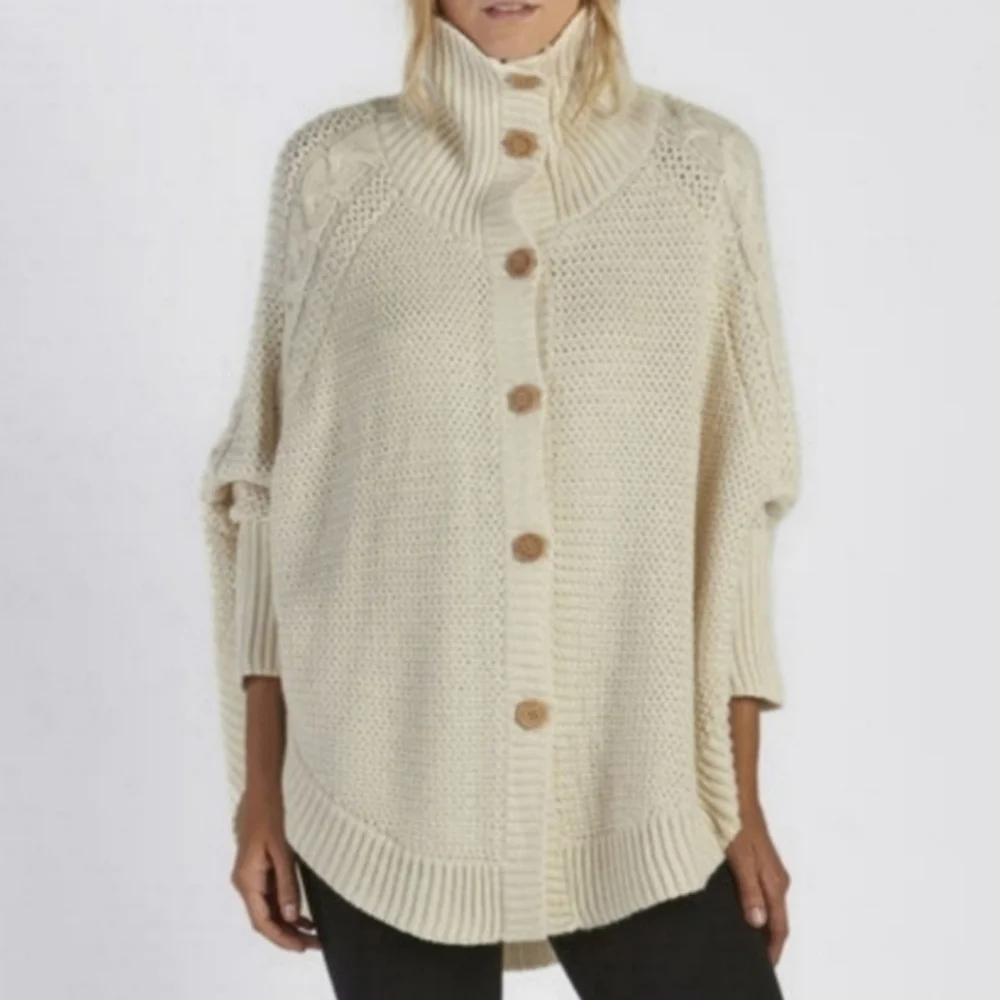 UGG Maribeth White Button Front Ribbed Cable Knit Wool Cape Cardigan Sweater